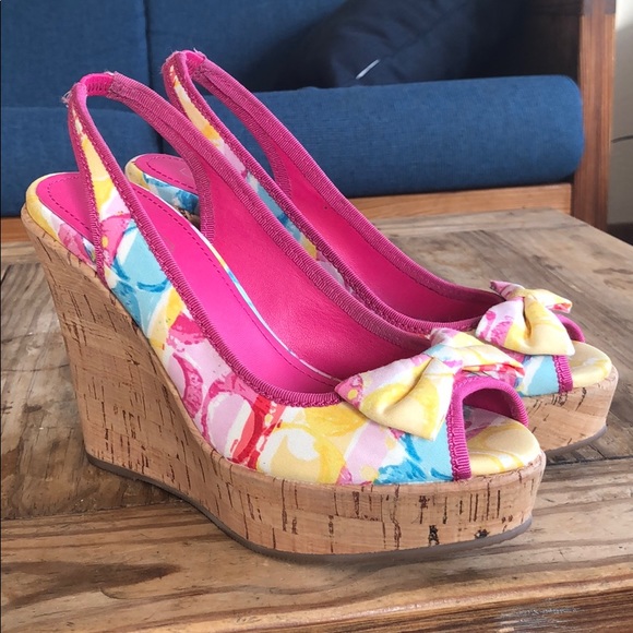 Coach Shoes - Coach Cork Bow Logo Rainbow Wedge Sandals